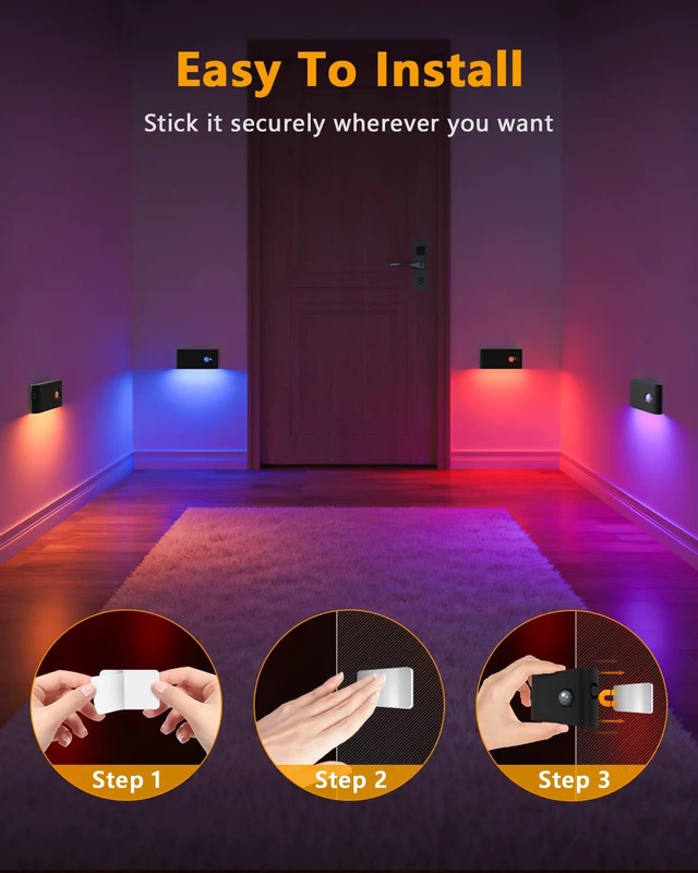 Alt view image 6 of 7 - Stair Lights Indoor Rechargeable,RGB & Warm White Color Changing Night Light,Wireless Motion Sensor Lights Indoor for Stair,Bathroom,Hallway,Kitchen,Closet,Cabinet,Bedroom,Kids' Room