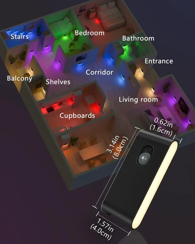 Alt view image 7 of 7 - Stair Lights Indoor Rechargeable,RGB & Warm White Color Changing Night Light,Wireless Motion Sensor Lights Indoor for Stair,Bathroom,Hallway,Kitchen,Closet,Cabinet,Bedroom,Kids' Room