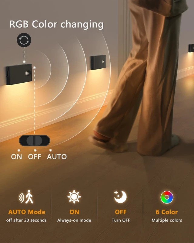 Alt view image 4 of 7 - Stair Lights Indoor Rechargeable,RGB & Warm White Color Changing Night Light,Wireless Motion Sensor Lights Indoor for Stair,Bathroom,Hallway,Kitchen,Closet,Cabinet,Bedroom,Kids' Room