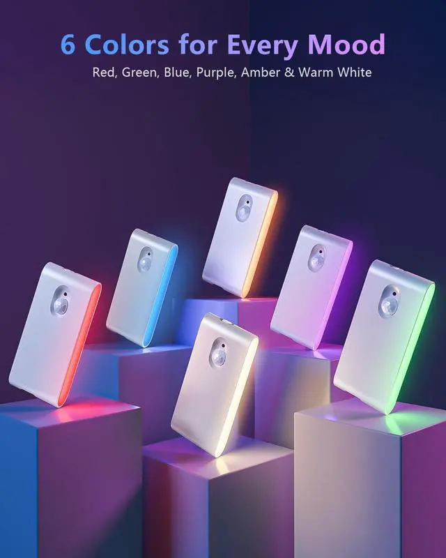 Alt view image 4 of 7 - Stair Lights Indoor, RGB & Warm White Motion Sensor Night Light, Color Changing Motion Sensor Light Indoor, Rechargeable Night Light for Stair,Hallway,Bathroom,Cabinet,Closet,Kitchen,6 Pack