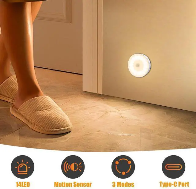 Alt view image 2 of 7 - 3 Pack Motion Sensor Light Indoor, Upgraded 14 LEDs Night Light USB Rechargeable, 3 Light Modes & Long Last Battery, Cordless Magnetic NightLight for Closet, Bedroom, Stairs - Warm White