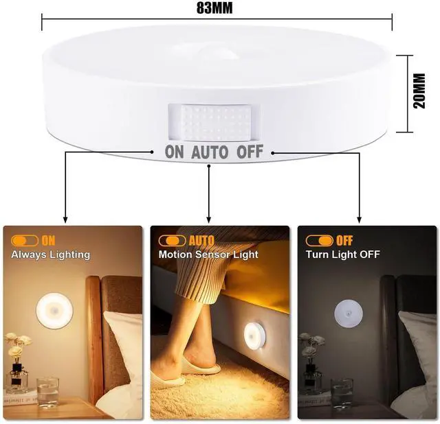 Alt view image 3 of 7 - 3 Pack Motion Sensor Light Indoor, Upgraded 14 LEDs Night Light USB Rechargeable, 3 Light Modes & Long Last Battery, Cordless Magnetic NightLight for Closet, Bedroom, Stairs - Warm White