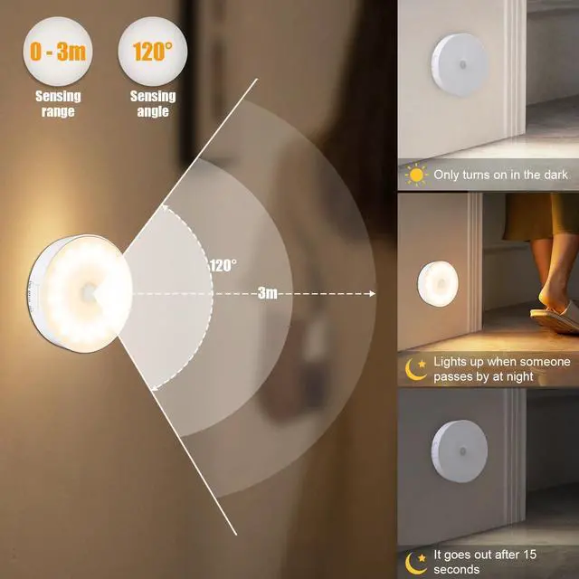 Alt view image 6 of 7 - 3 Pack Motion Sensor Light Indoor, Upgraded 14 LEDs Night Light USB Rechargeable, 3 Light Modes & Long Last Battery, Cordless Magnetic NightLight for Closet, Bedroom, Stairs - Warm White