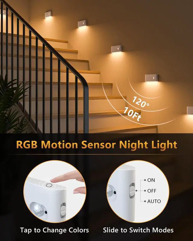 Alt view image 5 of 7 - Stair Lights Indoor, RGB & Warm White Motion Sensor Night Light, Color Changing Motion Sensor Light Indoor, Rechargeable Night Light for Stair,Hallway,Bathroom,Cabinet,Closet,Kitchen,6 Pack