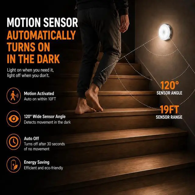 Alt view image 2 of 7 - Motion Sensor Night Light Rechargeable, Magnetic Puck Lights, 3 Modes & Dimmable, Motion Sensor Stair Lights Indoor for Bedroom Bathroom Kitchen Hallway Cruise (White Light)