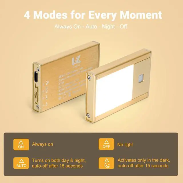 Alt view image 3 of 7 - Rechargeable Motion Sensor Night Light, 4-Pack Gold, 3000K
