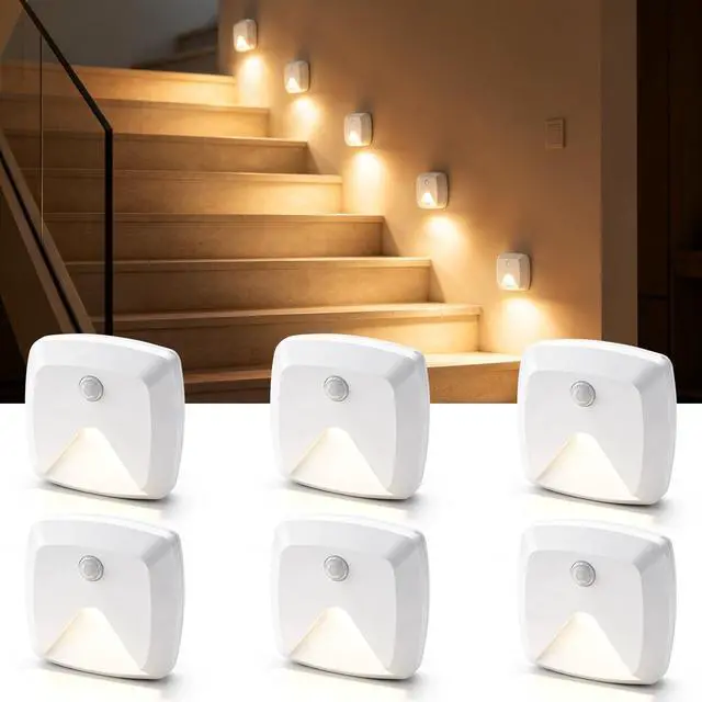 Main image of 6-Pack Stick-on Motion Sensor Lights, Warm White LED Night Light, Stick-Anywhere Stair Lights, Closet Light, Battery Operated Wall Light for Kitchen, Hallway, Bedroom, Bathroom, Stairs
