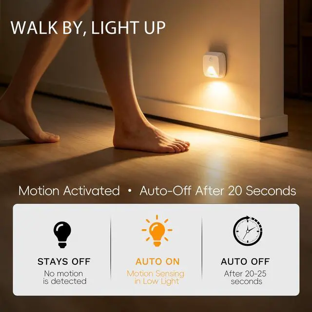 Alt view image 3 of 7 - 6-Pack Stick-on Motion Sensor Lights, Warm White LED Night Light, Stick-Anywhere Stair Lights, Closet Light, Battery Operated Wall Light for Kitchen, Hallway, Bedroom, Bathroom, Stairs