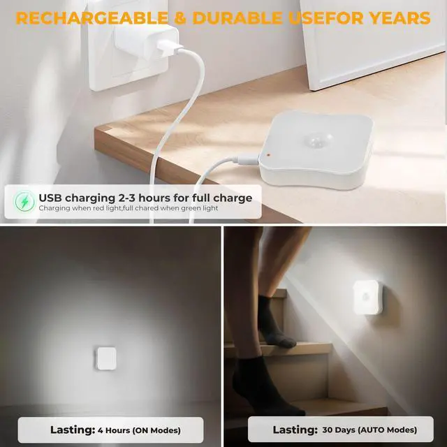 Alt view image 7 of 7 - Rechargeable Motion Sensor Light Indoor Stair Lights Rechargeable Battery Night Light Stick On Magnetic Motion Lights for Stair, Step, Hallway, Closet, Cabinet, Bathroom, Cool White, 4 Pack