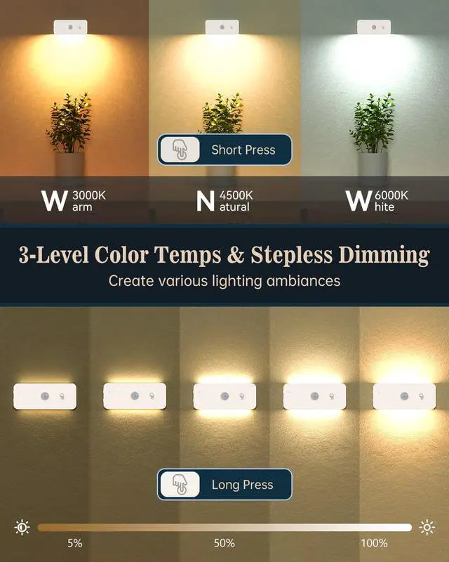 Alt view image 4 of 7 - Motion Sensor Night Lights Indoor - Rechargeable Stick-On Stair Lights with Wireless Magnetic Mount, Adjustable Brightness & 3 Color Temps for Hallway, Stairway, Bathroom, Closet (2-Pack)