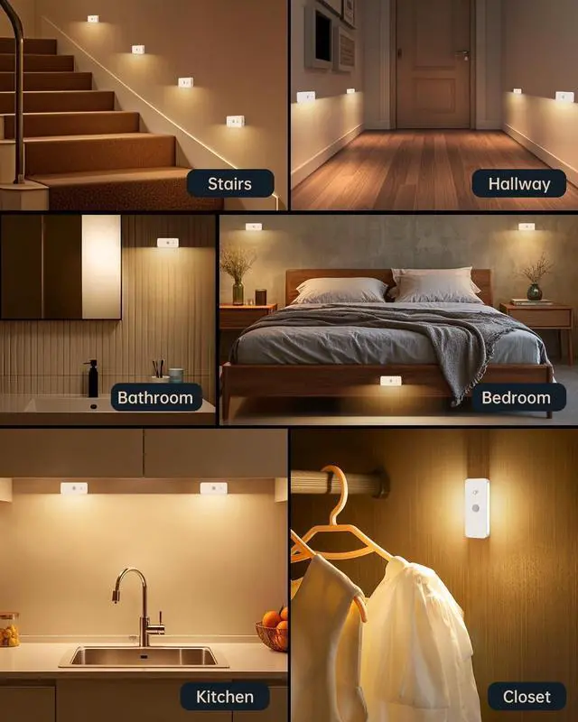 Alt view image 7 of 7 - Motion Sensor Night Lights Indoor - Rechargeable Stick-On Stair Lights with Wireless Magnetic Mount, Adjustable Brightness & 3 Color Temps for Hallway, Stairway, Bathroom, Closet (2-Pack)