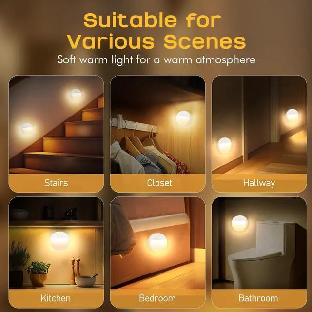 Alt view image 4 of 7 - 3 Pack Motion Sensor Stair Night Lights Indoor | Automatic, Wireless, LED Battery Operated Stick on Lamp for Step Toilet Hallway Bedroom Under Cabinet Closet Wall Kitchen