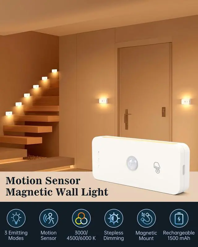 Alt view image 2 of 7 - Motion Sensor Night Lights Indoor - Rechargeable Stick-On Stair Lights with Wireless Magnetic Mount, Adjustable Brightness & 3 Color Temps for Hallway, Stairway, Bathroom, Closet (2-Pack)