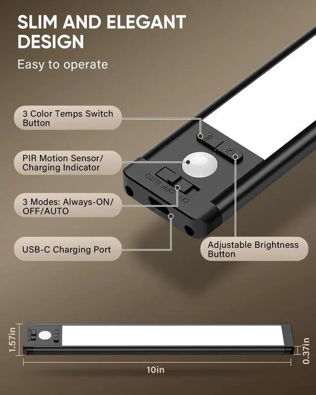 Alt view image 3 of 7 - 5 Pack 10inch Under Cabinet Lighting, Rechargeable Motion Sensor Light Indoor with 3 Color Temps, Dimmable Magnetic Led Closet Lights, Wireless Under Counter Lights for Kitchen, Stairs,Black