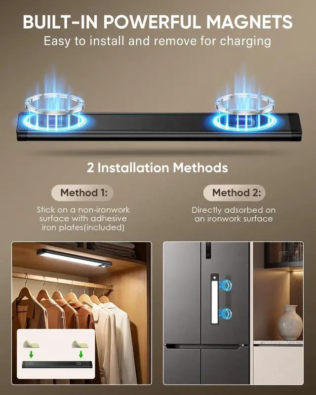 Alt view image 6 of 7 - 5 Pack 10inch Under Cabinet Lighting, Rechargeable Motion Sensor Light Indoor with 3 Color Temps, Dimmable Magnetic Led Closet Lights, Wireless Under Counter Lights for Kitchen, Stairs,Black