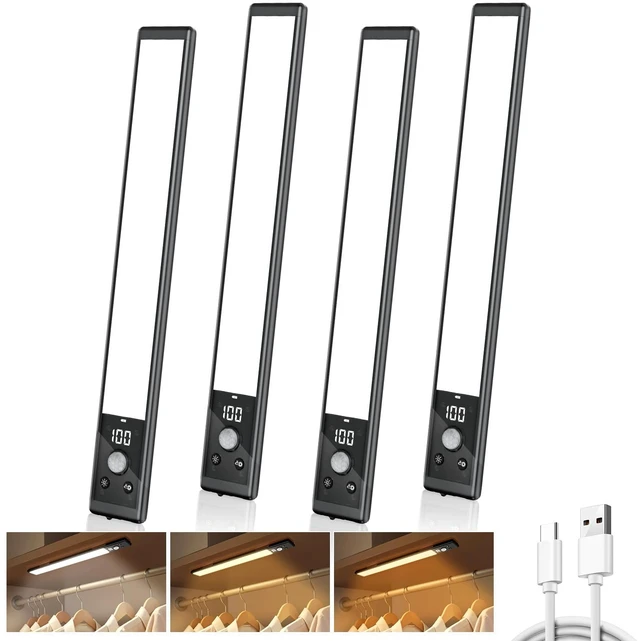 Main image of 4-Pack 10" Wireless Under Cabinet Lights with Digital Display Rechargeable motion sensor lights with magnetic mounting, dimmable 52 LEDs and 3 color modes for kitchen, closet or shelf
