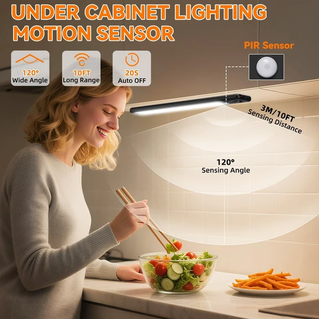 Alt view image 2 of 7 - Under Cabinet Lighting Wireless, 15inch Motion Sensor Light, 3Pack-Black Rechargeable, 3 Color Temps, Dimmable, Power Display, LED Closet Light Magnetic, Under Counter Lights for Kitchen Shelf Home