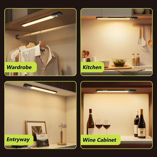 Alt view image 7 of 7 - 4-Pack 10" Wireless Under Cabinet Lights with Digital Display Rechargeable motion sensor lights with magnetic mounting, dimmable 52 LEDs and 3 color modes for kitchen, closet or shelf