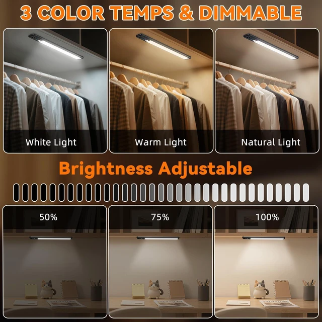 Alt view image 3 of 7 - Under Cabinet Lighting Wireless, 15inch Motion Sensor Light, 3Pack-Black Rechargeable, 3 Color Temps, Dimmable, Power Display, LED Closet Light Magnetic, Under Counter Lights for Kitchen Shelf Home