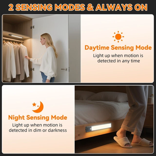 Alt view image 5 of 7 - Under Cabinet Lighting Wireless, 15inch Motion Sensor Light, 3Pack-Black Rechargeable, 3 Color Temps, Dimmable, Power Display, LED Closet Light Magnetic, Under Counter Lights for Kitchen Shelf Home