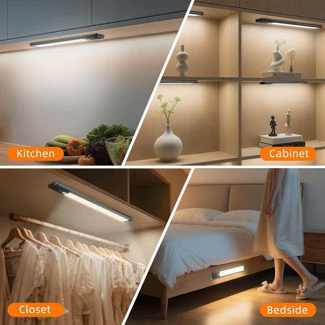 Alt view image 7 of 7 - Under Cabinet Lighting Wireless, 15inch Motion Sensor Light, 3Pack-Black Rechargeable, 3 Color Temps, Dimmable, Power Display, LED Closet Light Magnetic, Under Counter Lights for Kitchen Shelf Home