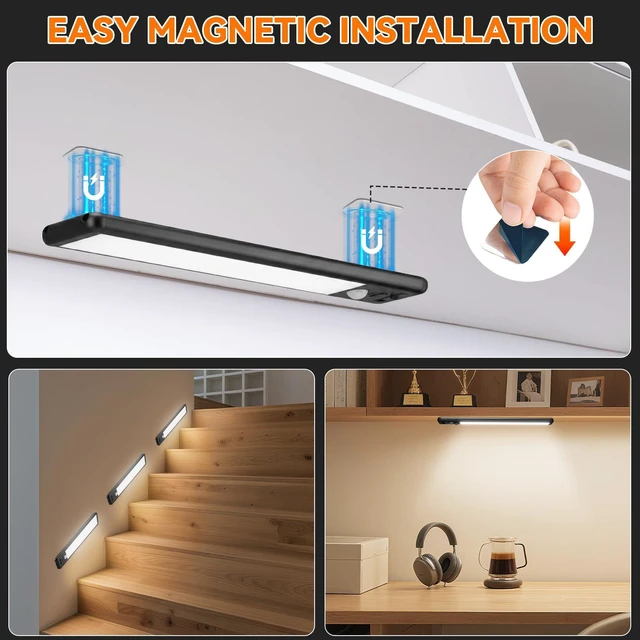 Alt view image 6 of 7 - Under Cabinet Lighting Wireless, 15inch Motion Sensor Light, 3Pack-Black Rechargeable, 3 Color Temps, Dimmable, Power Display, LED Closet Light Magnetic, Under Counter Lights for Kitchen Shelf Home