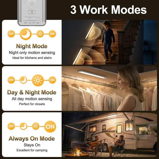 Alt view image 3 of 7 - Motion Sensor Light Indoor, 80 LED Under Cabinet Lighting Battery Operated with 3 Color Temps, 1800mAh Rechargeable Closet Lights Wireless for Kitchen, Pantry, Stair (2 Pack)