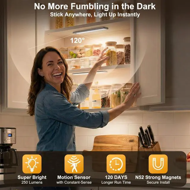 Alt view image 2 of 7 - Motion Sensor Light Indoor, 80 LED Under Cabinet Lighting Battery Operated with 3 Color Temps, 1800mAh Rechargeable Closet Lights Wireless for Kitchen, Pantry, Stair (2 Pack)