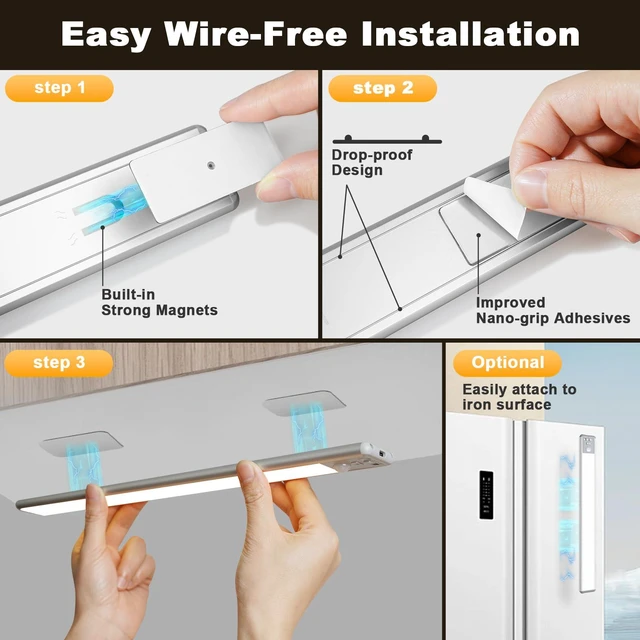 Alt view image 6 of 7 - 14.8inch Under Cabinet Lighting, LED Closet Lights, Motion Sensor Light Indoor, Battery Operated USB C Rechargeable, Dimmable Magnetic Night Light for Kitchen, 4 Sensor Mode, 3 Color (2 Pack)