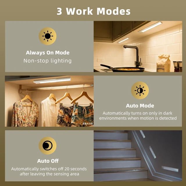 Alt view image 3 of 7 - 16 inch Dimmable Under Cabinet Lighting, 68 LED Rechargeable Battery Motion Sensor Light Indoor, Stick On Magnetic Closet Lights, Under Counter Lights for Kitchen, Stairs, Warm Light 5 Pack