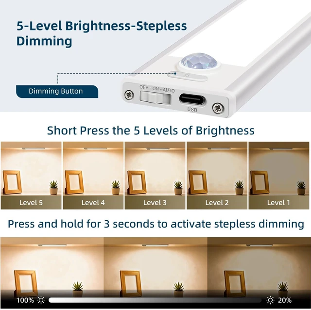 Alt view image 4 of 7 - 16 inch Dimmable Under Cabinet Lighting, 68 LED Rechargeable Battery Motion Sensor Light Indoor, Stick On Magnetic Closet Lights, Under Counter Lights for Kitchen, Stairs, Warm Light 5 Pack