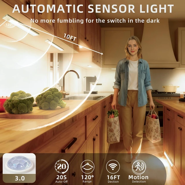 Alt view image 2 of 7 - 16 inch Dimmable Under Cabinet Lighting, 68 LED Rechargeable Battery Motion Sensor Light Indoor, Stick On Magnetic Closet Lights, Under Counter Lights for Kitchen, Stairs, Warm Light 5 Pack