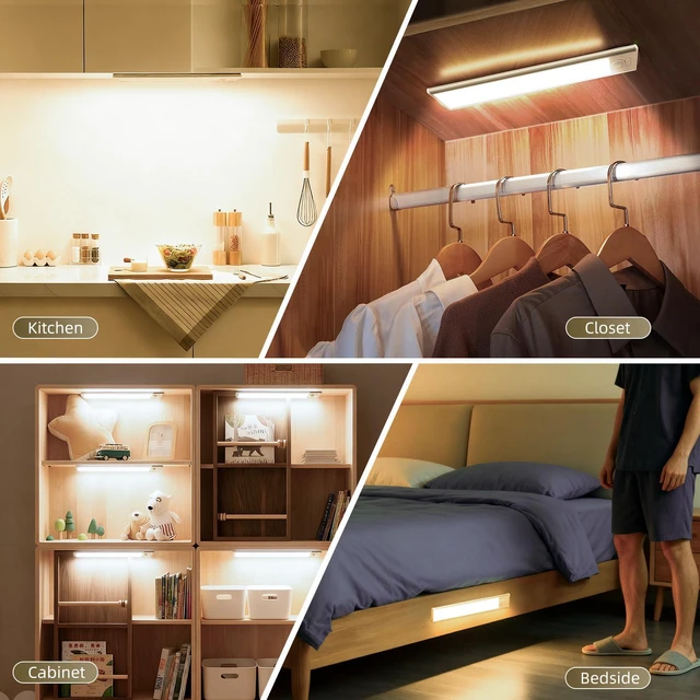 Alt view image 5 of 7 - 16inch Under Cabinet Lighting, 4 Pack Rechargeable Motion Sensor Light Indoor, Wireless Dimmable Magnetic Closet Lights, 68 LED Under Counter Lights for Kitchen, Wardrobe, Stairs, Warm Light
