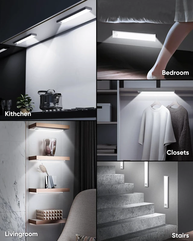 Alt view image 7 of 7 - Under Cabinet Lighting, 2200mAh 10 Inch Battery Operated Rechargeable Motion Sensor Night Lights Indoor, LED Magnetic Wireless Closet Light, 6500K Dimmable Counter Lights for Kitchen, Home, 5 Packs