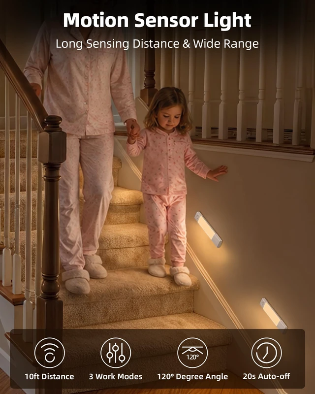 Alt view image 2 of 7 - 8'' Motion Sensor Closet Lights,Under Cabinet Lighting, 6 Pack Rechargeable, 3 Color Temps, Glare-Free, Dimmible, Wireless, Stick-On, Night Lights for Wardrobe, Pantry, Bedroom, Stairs