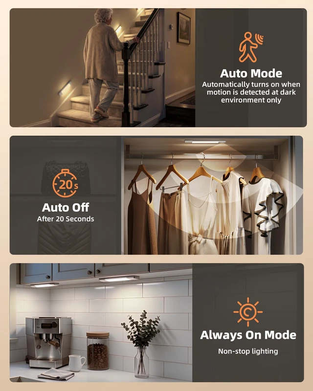 Alt view image 4 of 7 - 8'' Motion Sensor Closet Lights,Under Cabinet Lighting, 6 Pack Rechargeable, 3 Color Temps, Glare-Free, Dimmible, Wireless, Stick-On, Night Lights for Wardrobe, Pantry, Bedroom, Stairs