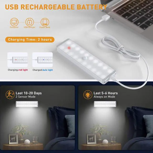 Alt view image 4 of 6 - LED Closet Light, Newest 20LEDs Dimmer USB Rechargeable Motion Sensor Light Under Cabinet Lighting with Remote Control, Wireless Stick-Anywhere Night Safe Light Bar for Wardrobe,Kitchen-5 Pcs