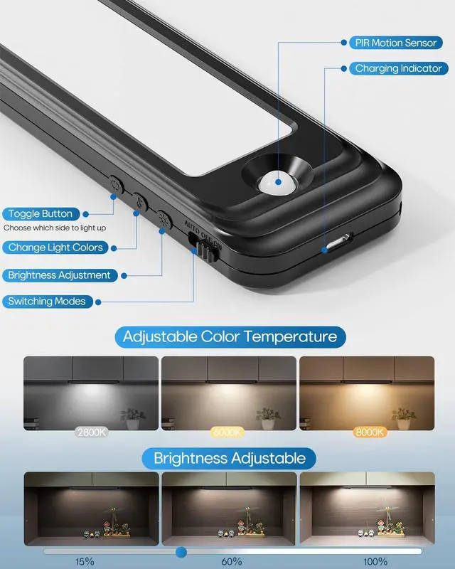 Alt view image 4 of 7 - Under Cabinet Lighting Wireless, 56 LED Closet Lights Motion Sensored Adjustable Brightness Magnetic 3 Color Temps Rechargeable for Kitchen Indoor Shelf Bedroom Pantry 2 Packs
