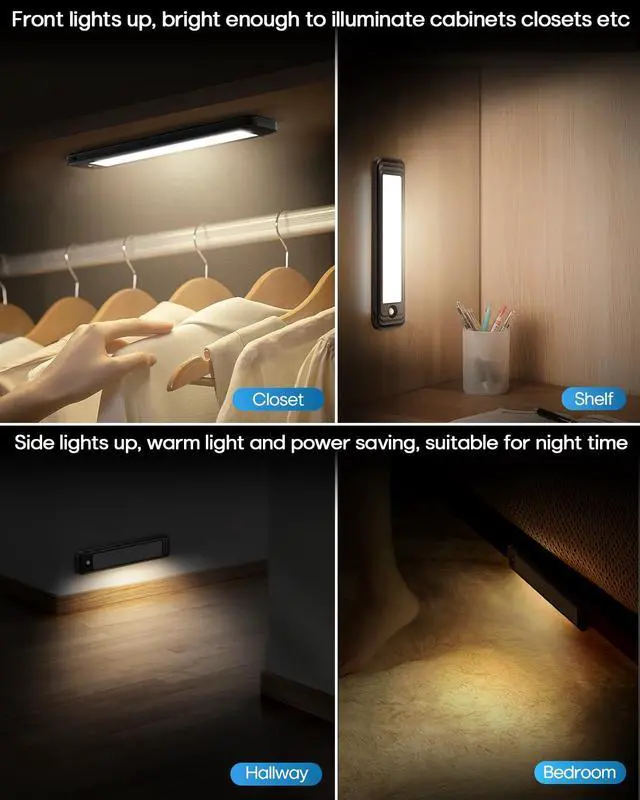 Alt view image 7 of 7 - Under Cabinet Lighting Wireless, 56 LED Closet Lights Motion Sensored Adjustable Brightness Magnetic 3 Color Temps Rechargeable for Kitchen Indoor Shelf Bedroom Pantry 2 Packs