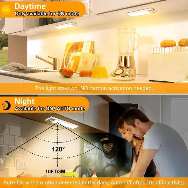 Alt view image 2 of 7 - 30-LED Motion Sensor Under Cabinet Lighting, 8-inch Magnetic Rechargeable Under Counter Closet Lights, Wireless Light Bar, 3-Pack, Warm White