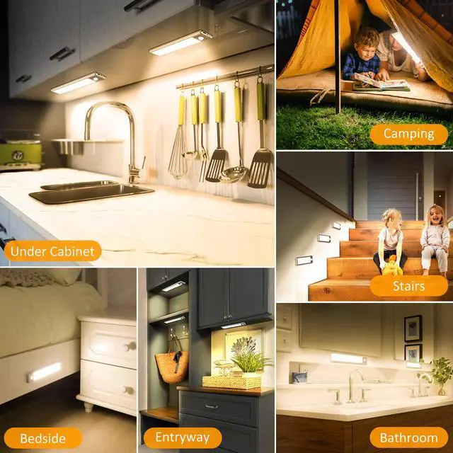 Alt view image 4 of 7 - 30-LED Motion Sensor Under Cabinet Lighting, 8-inch Magnetic Rechargeable Under Counter Closet Lights, Wireless Light Bar, 3-Pack, Warm White