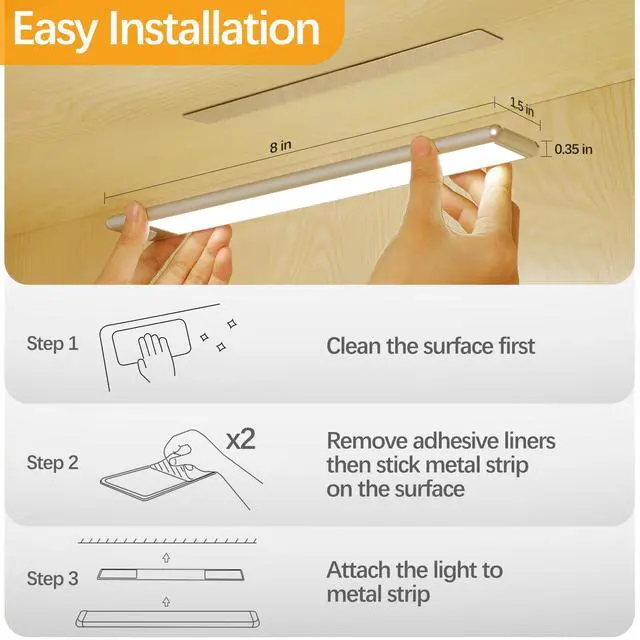 Alt view image 5 of 7 - 30-LED Motion Sensor Under Cabinet Lighting, 8-inch Magnetic Rechargeable Under Counter Closet Lights, Wireless Light Bar, 3-Pack, Warm White