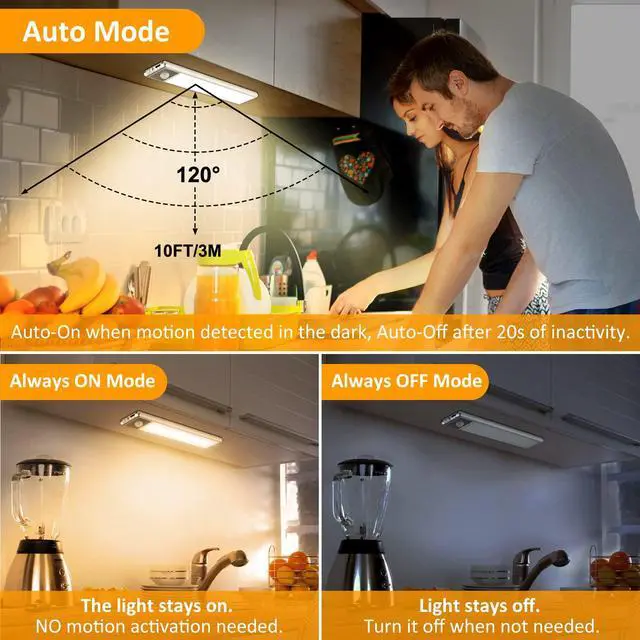 Alt view image 7 of 7 - 30-LED Motion Sensor Under Cabinet Lighting, 8-inch Magnetic Rechargeable Under Counter Closet Lights, Wireless Light Bar, 3-Pack, Warm White