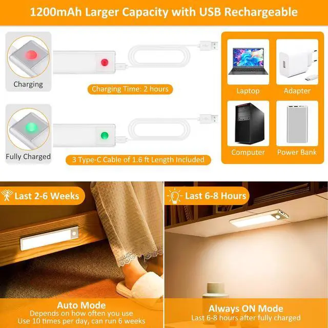 Alt view image 6 of 7 - 30-LED Motion Sensor Under Cabinet Lighting, 8-inch Magnetic Rechargeable Under Counter Closet Lights, Wireless Light Bar, 3-Pack, Warm White