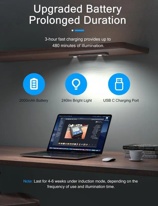 Alt view image 3 of 7 - Under Cabinet Lights, Wireless Motion Sensor Light Indoor,10in LED White Lighting Rechargeable Battery Operated,4 Modes Night Light, Stick-On Magnetic Closet Lights for Kitchen, Hallway(2 Pack)