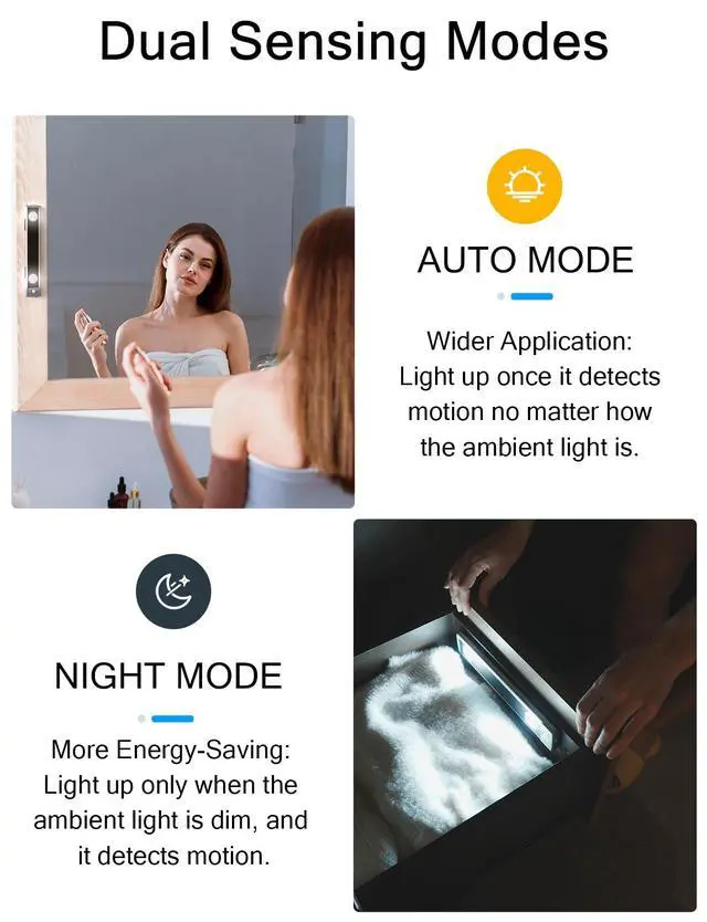 Alt view image 5 of 7 - Under Cabinet Lights, Wireless Motion Sensor Light Indoor,10in LED White Lighting Rechargeable Battery Operated,4 Modes Night Light, Stick-On Magnetic Closet Lights for Kitchen, Hallway(2 Pack)