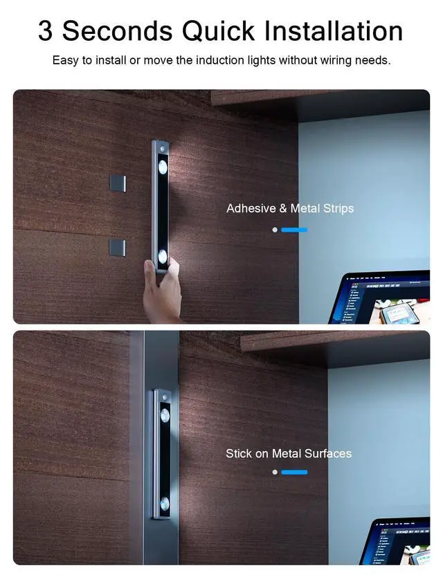 Alt view image 6 of 7 - Under Cabinet Lights, Wireless Motion Sensor Light Indoor, Black 10in LED White Lighting Rechargeable Battery Operated,4 Modes Night Light, Stick-On Magnetic Closet Lights for Kitchen, Hallway(2 Pack)