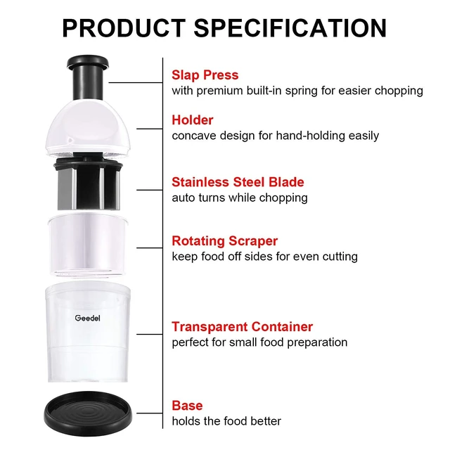 Alt view image 7 of 7 - Food Chopper, Manual Vegetable Chopper Cutter, Slap Onion Cutter | Hand Chopper for Veggie Onions Garlic Nuts Salads, Fast & Even Chopping, Sharp Stainless Steel Blade, Dishwasher Safe, No BPA