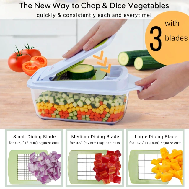 Alt view image 2 of 7 - QuickPush 8-Cup Push-Down Manual Vegetable Chopper & Food Dicer | 3 German steel blades chop veggies, dice onion garlic, BPA-free container with keep-fresh lid, cleaning comb, dishwasher safe