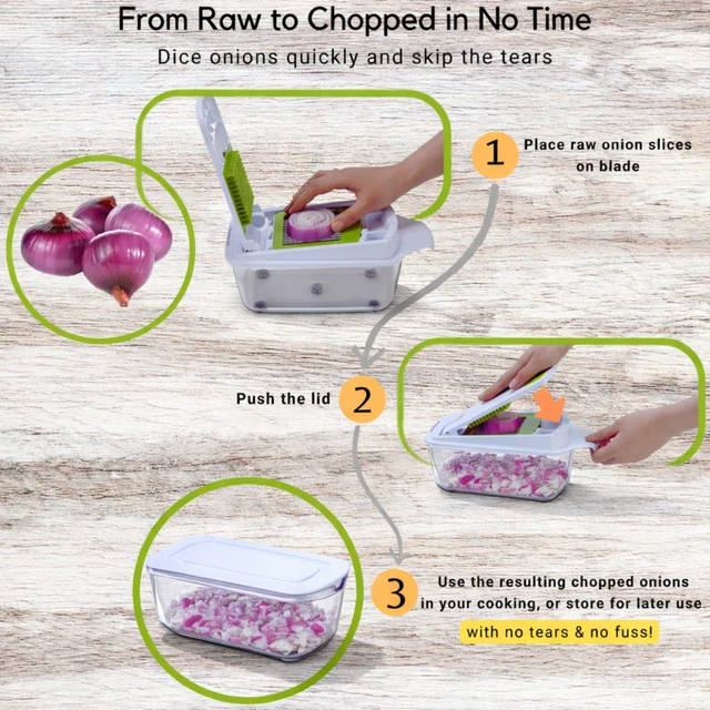 Alt view image 3 of 7 - QuickPush 8-Cup Push-Down Manual Vegetable Chopper & Food Dicer | 3 German steel blades chop veggies, dice onion garlic, BPA-free container with keep-fresh lid, cleaning comb, dishwasher safe